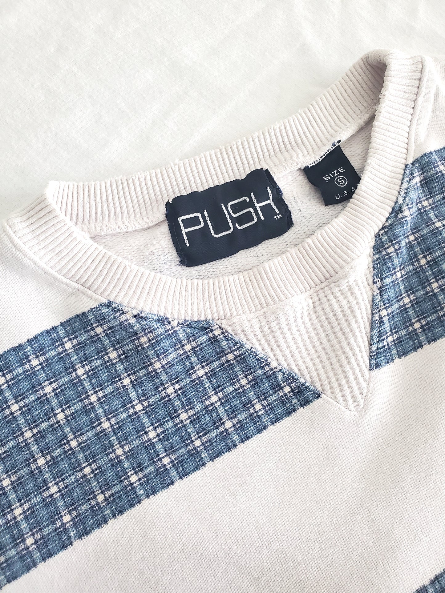 PUSH printed plaid stripe crewneck (1980s)