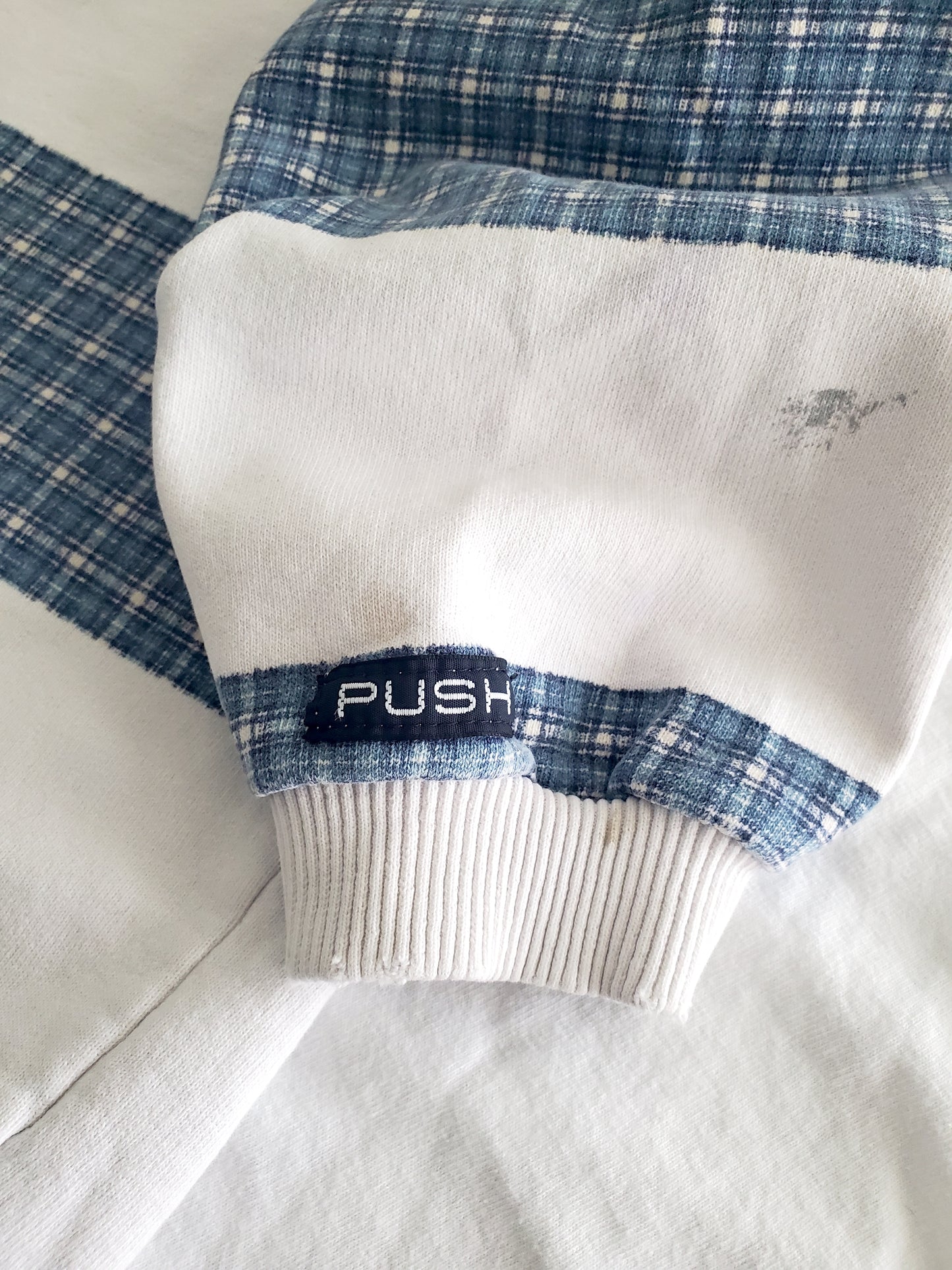 PUSH printed plaid stripe crewneck (1980s)